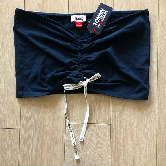 NWT Tommy Jeans Ruched Crop Top with Logo Strings in Navy Size L - Picture 2 of 10